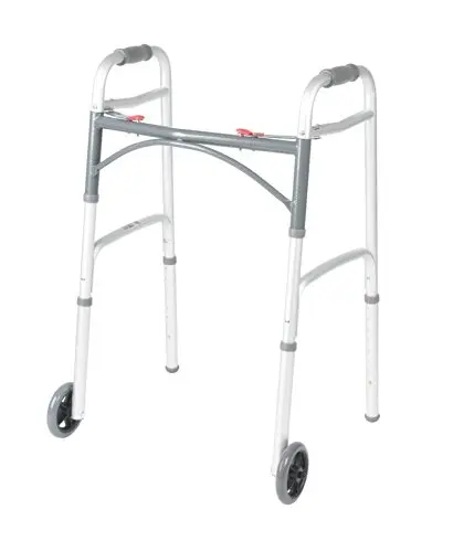 Drive Medical silver folding walker with front wheels and adjustable height