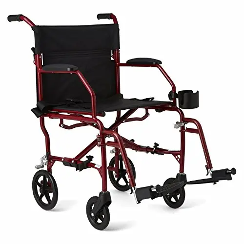 Medline Ultra Lightweight Transport Wheelchair folded and unfolded showing red frame and black upholstery