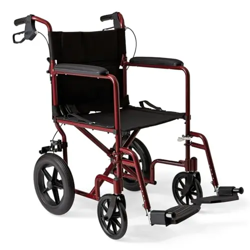 Medline Lightweight Foldable Transport Wheelchair with handbrakes showing red frame and black seat