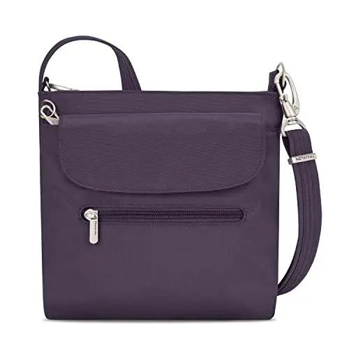 Travelon Anti-theft Mini Shoulder Bag in purple showing multiple compartments