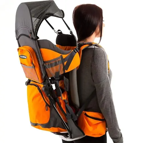 Luvdbaby orange and grey hiking baby carrier with multiple storage pockets