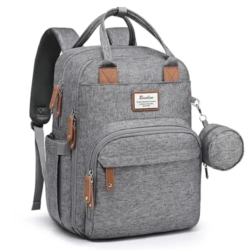 RUVALINO gray diaper backpack with multiple pockets and included changing pad