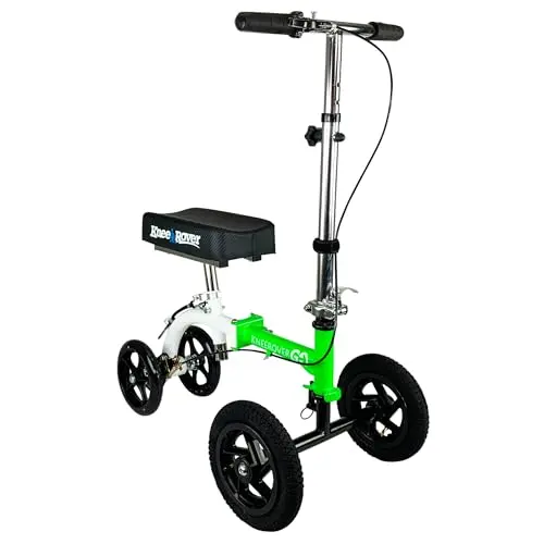 KneeRover GO Hybrid foldable knee scooter with green frame and all-terrain wheels