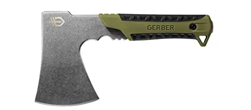 Gerber Gear Pack Hatchet with rubber grip and nylon sheath in sage green