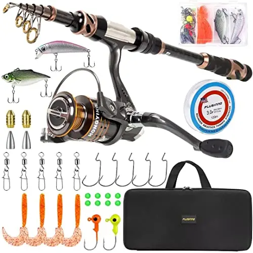 PLUSINNO telescopic fishing rod with reel and accessories in carrier bag