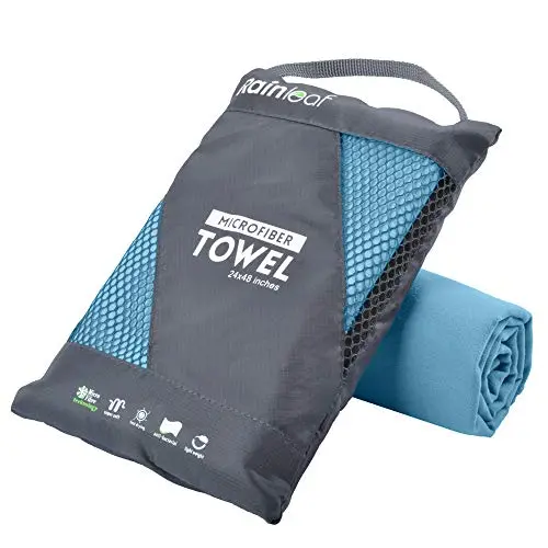 Rainleaf microfiber travel towel showing compact folded size and snap loop feature