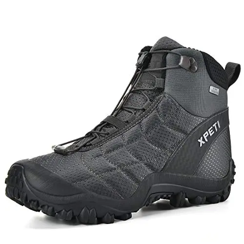 XPETI men's waterproof hiking boots in grey and black with aggressive sole tread