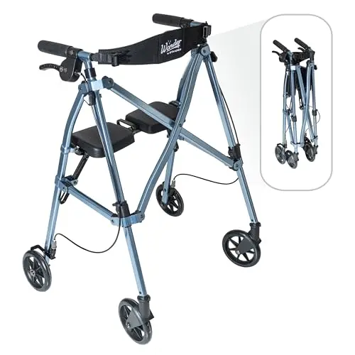 Stander Space Saver rollator with folding seat and backrest in cobalt blue