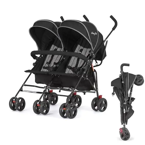 Dream On Me Volgo twin umbrella stroller in black with compact fold design