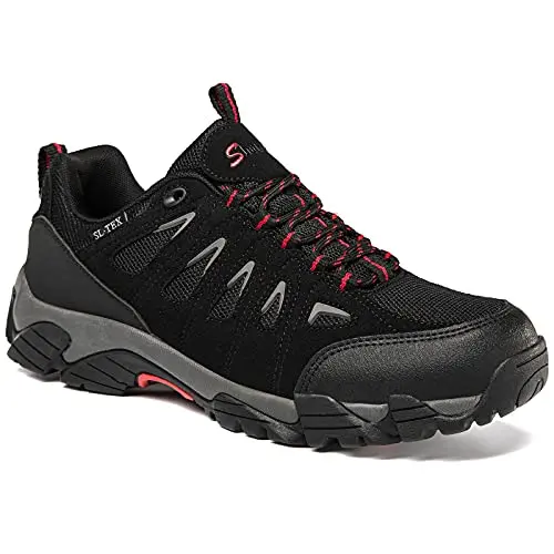 SHULOOK Men's Waterproof Hiking Shoes in black and red for outdoor activities