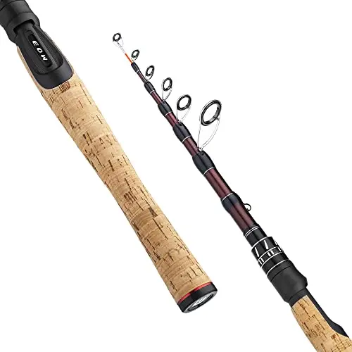 EOW XPEDITE telescopic fishing rod with cork handle in extended and collapsed positions