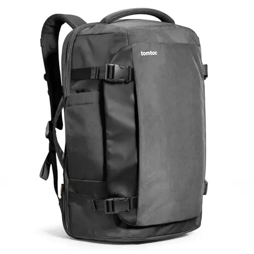 tomtoc 40L travel backpack showing TSA-friendly laptop compartment and organization features