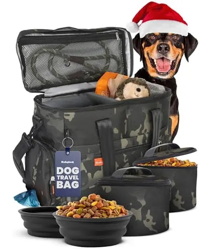 Rubyloo dog travel bag with collapsible bowls and food containers