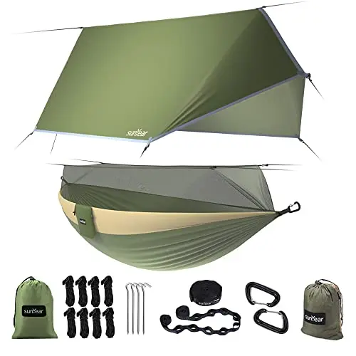 Sunyear camping hammock with mosquito net and rain fly protection