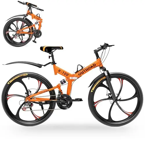 Outroad orange folding mountain bike with disc brakes