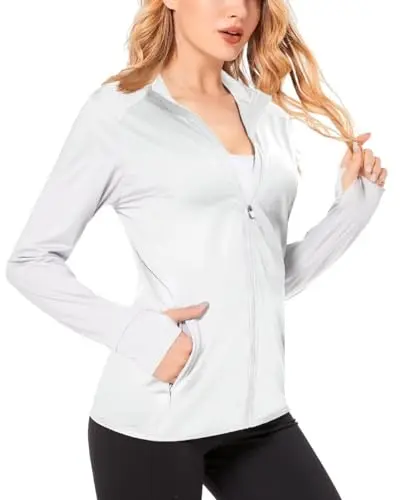 Boladeci women's white workout jacket with thumbholes and high collar