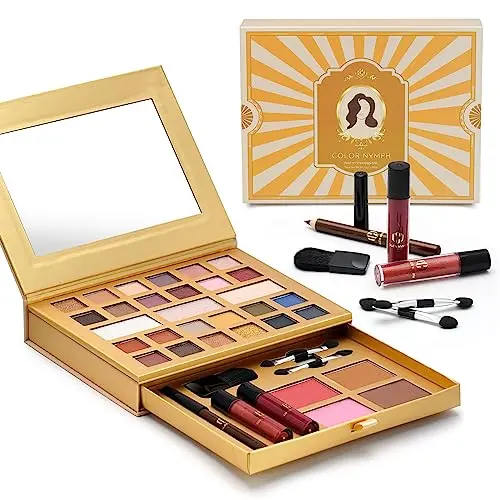 Color Nymph travel-friendly makeup kit with 24 eyeshadows, highlighters, blushes, bronzers, lip glosses, brushes, and mirror