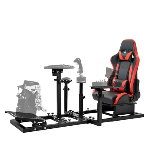 Supllueer flight simulator cockpit with black gaming seat and adjustable panels