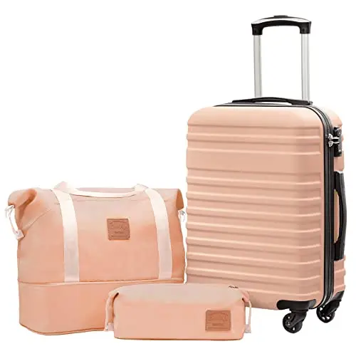 Coolife 3-piece luggage set in pink with spinner wheels