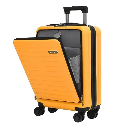 TydeCkare orange hard shell carry-on luggage with front laptop compartment