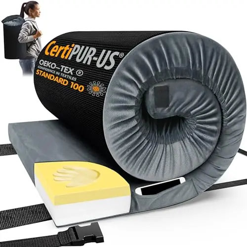 CYMULA blue memory foam camping mattress rolled in storage bag