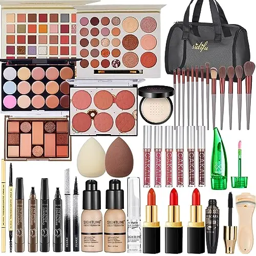 SIGHTLING all-in-one travel makeup kit with eyeshadow palette, foundation, concealer, lipstick, eyebrow pencil, eyelash curler, brushes, and travel bag