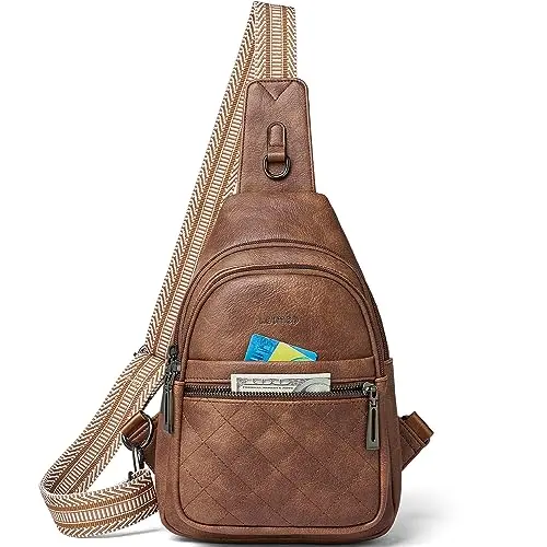 LATMAP sling bag for women in brown faux leather with adjustable strap