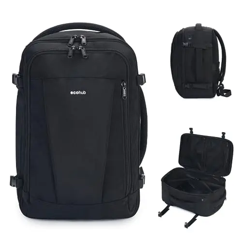 ECOHUB 30L travel backpack in black showing multiple pockets and USB port