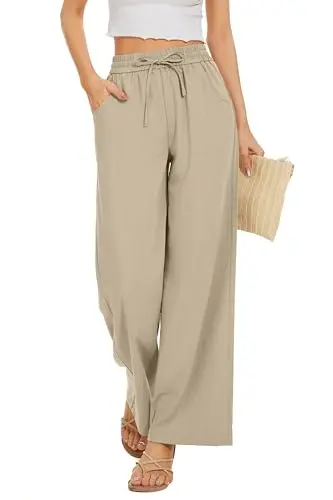 KICZOY women's flowy pants in beige with wide legs and drawstring waist