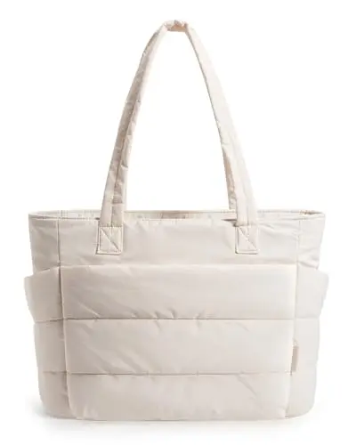 BAGSMART puffy quilted tote bag in beige showing soft texture