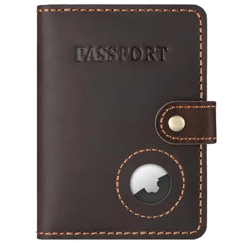 Enwaen full grain leather passport holder with AirTag slot and card holders