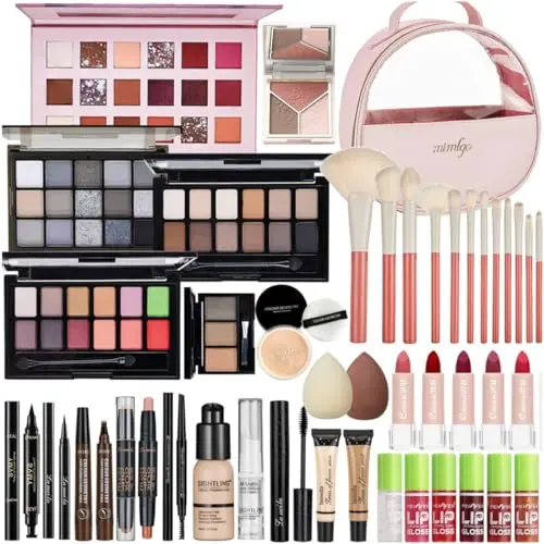 SIGHTLING all-in-one makeup gift set with eyeshadow palette, foundation, contour stick, lipstick, eyeliner, mascara, brushes, and travel bag
