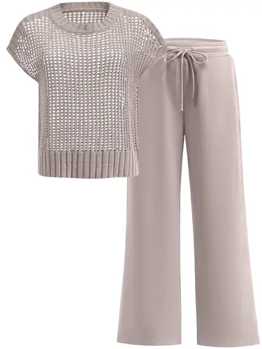 ANRABESS women's crochet knit two-piece set with sheer top and wide leg pants