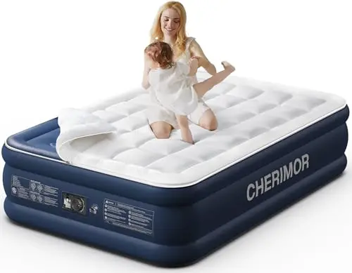 CHERIMOR queen air mattress with detachable quilted topper and built-in pump