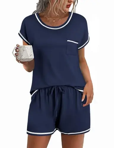 Ekouaer women's short sleeve and shorts pajama set in navy blue
