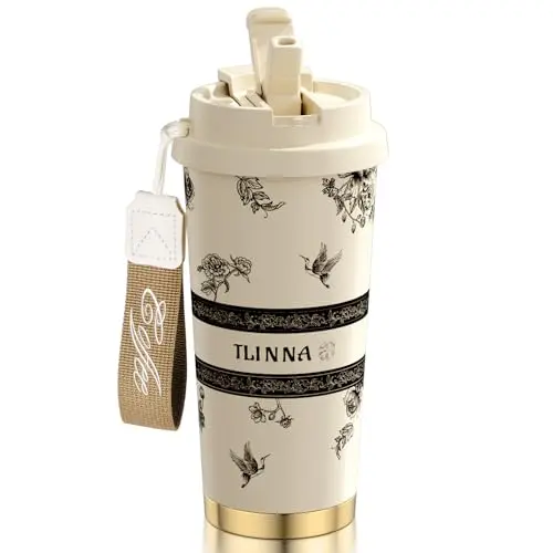 TLINNA ceramic coated stainless steel tumbler with foldable straw