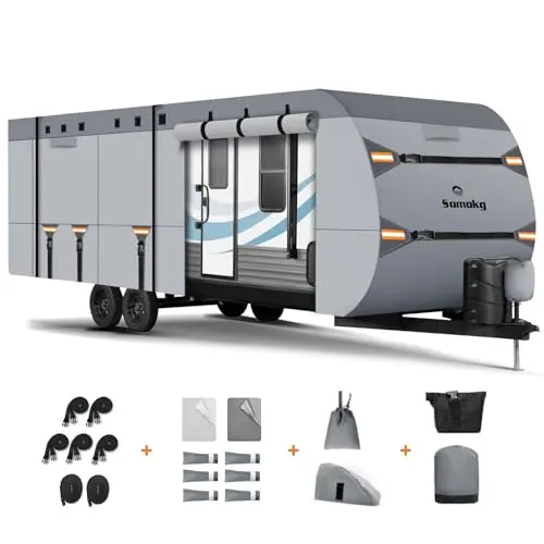 Somokg heavy-duty RV cover protecting travel trailer in snowy conditions