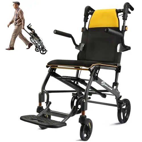 WHLICKS Lightweight Foldable Transport Wheelchair with telescopic handle in yellow color