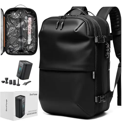 Vortex vacuum travel backpack with expandable compression system and TSA lock