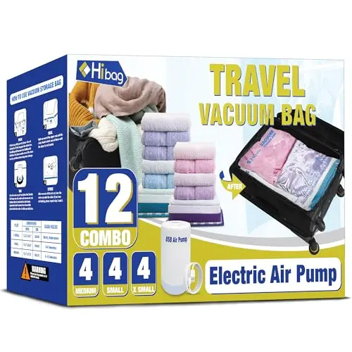 HIBAG travel vacuum bags with electric pump in 12 pack combo