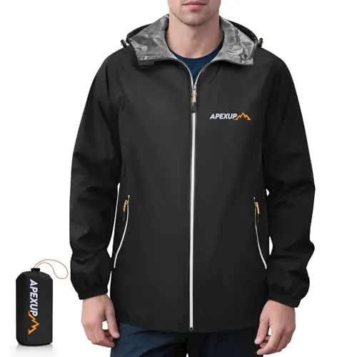 APEXUP men's packable waterproof jacket with reflective zipper