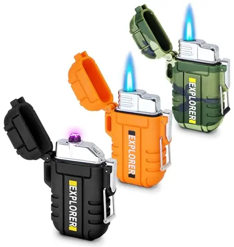 Laffizz 3 Pack Waterproof Lighter showing dual arc and torch lighters in outdoor setting
