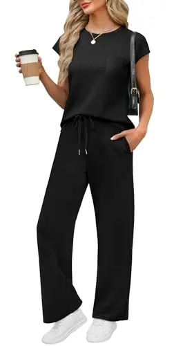WIHOLL Summer Petite Lounge Set in black with wide leg pants