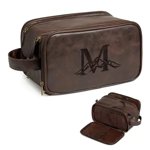 Janhavi PU leather toiletry bag with engraved initials and mountain design