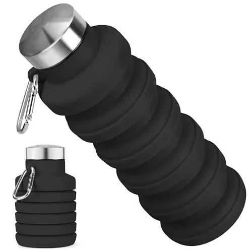 Rotayi collapsible silicone water bottle in black with carabiner clip