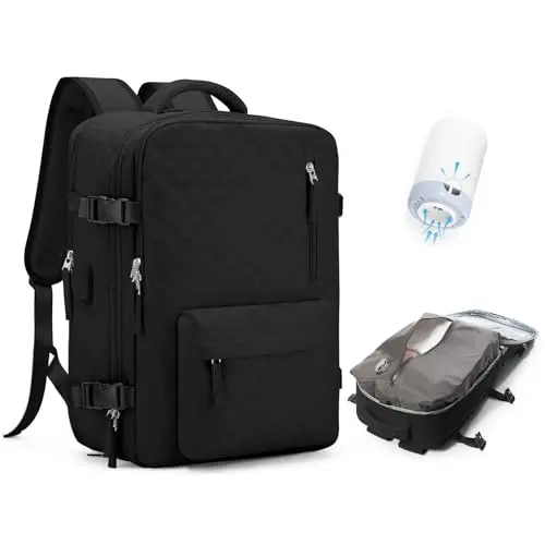 Travel vacuum storage backpack with air pump and dedicated laptop compartment
