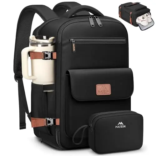 MATEIN anti-theft travel backpack showing shoe compartment and USB port
