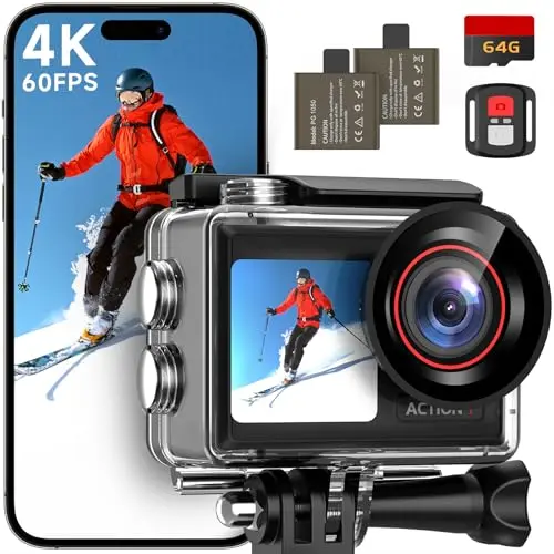 ODDV action camera with front and rear LCD screens showing hiking footage