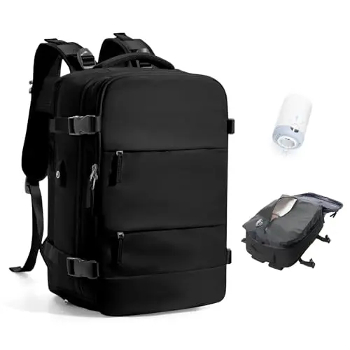 Stylish vacuum compression backpack with portable pump and multiple pockets