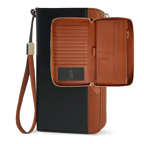 Sunpour large capacity travel wallet with wristlet in black and brown